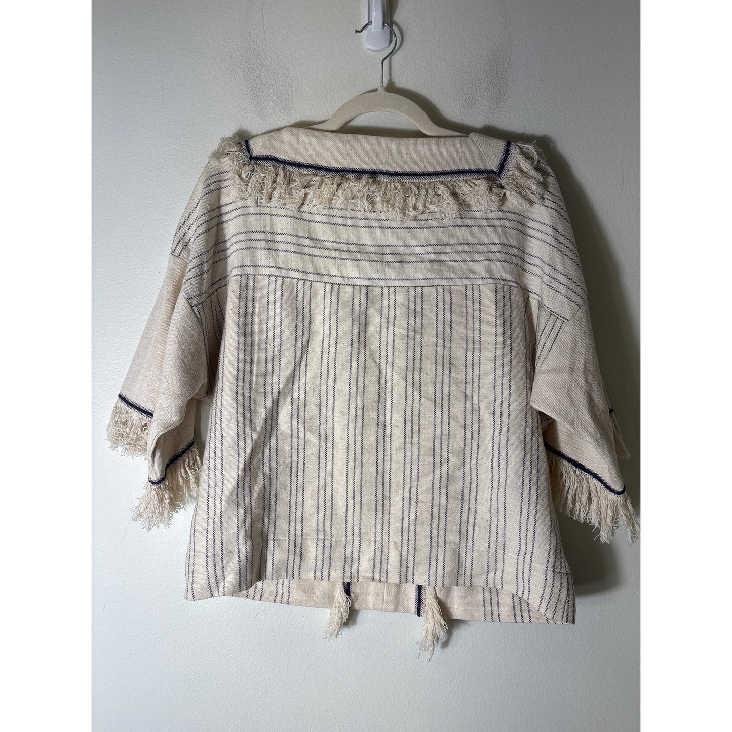 MIRTH Off White Navy Cotton Half Sleeve Tunic with Fringe Sz S