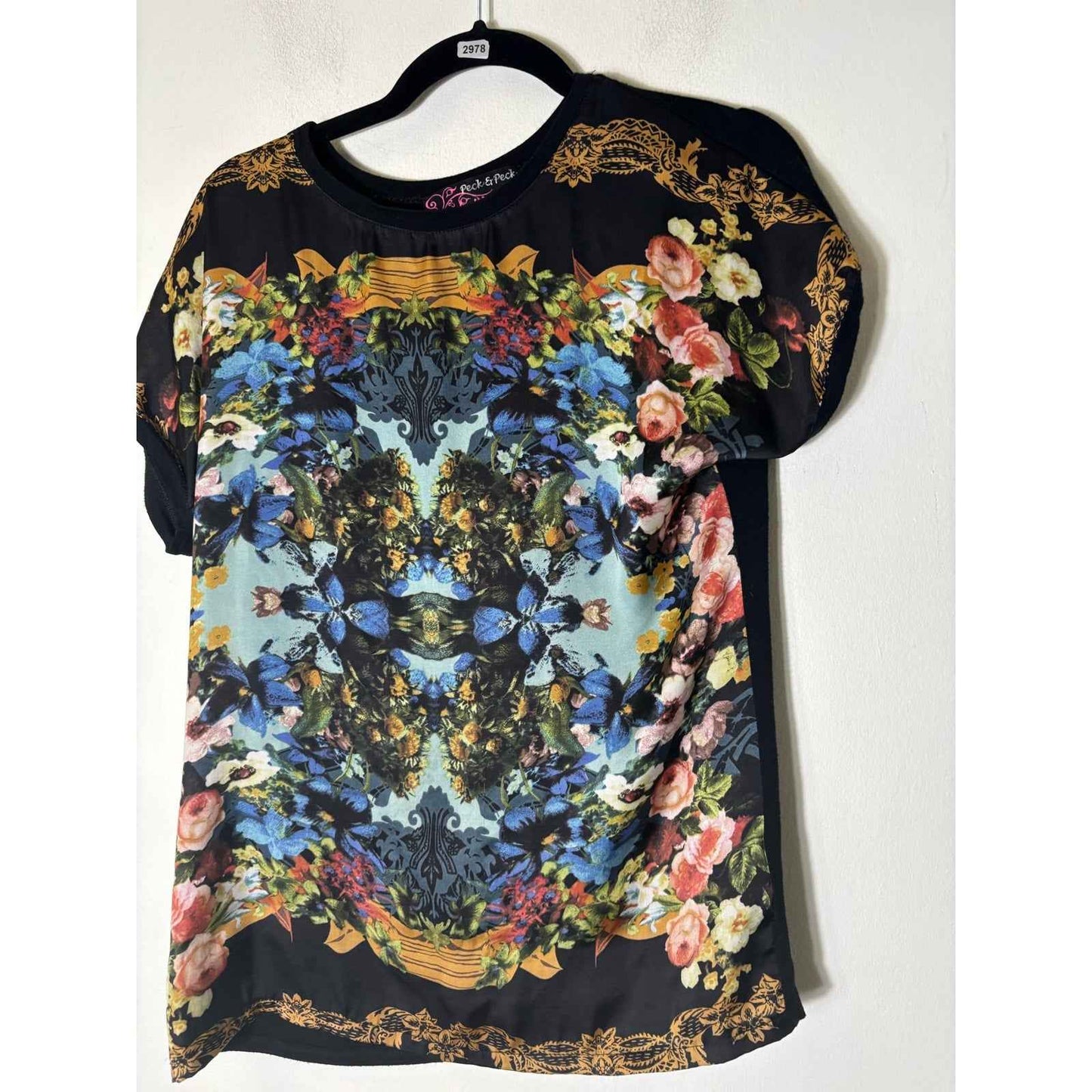 Peck and Peck Black Mixed Media Floral Print Cap Sleeve Top Sz Small