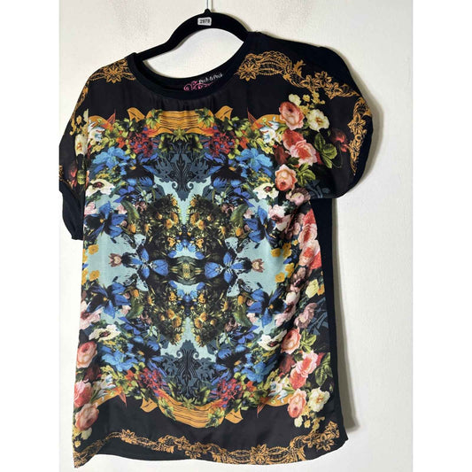 Peck and Peck Black Mixed Media Floral Print Cap Sleeve Top Sz Small