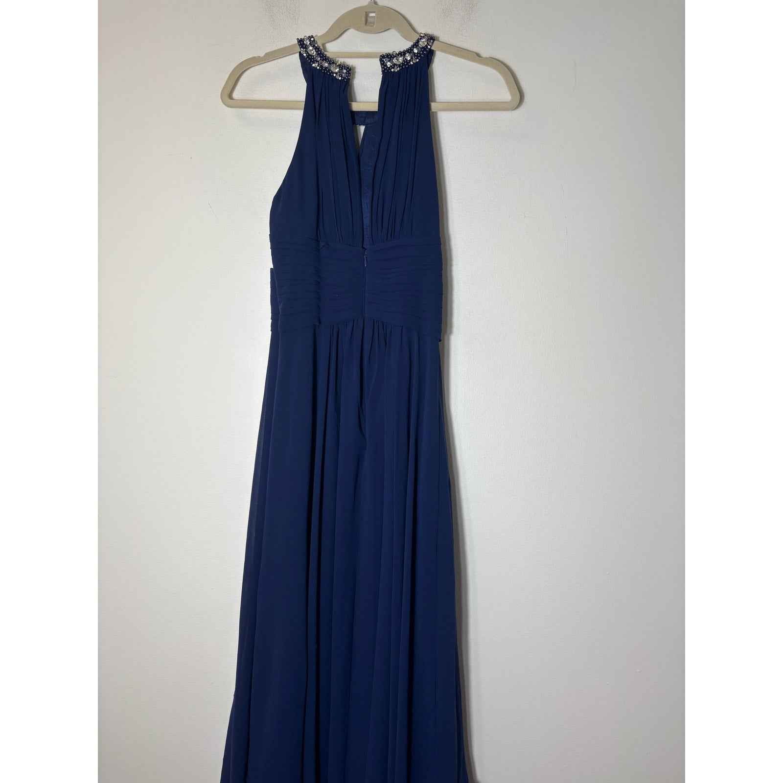 Donna Morgan Navy Chiffon Jeweled Evening Gown Sz 0