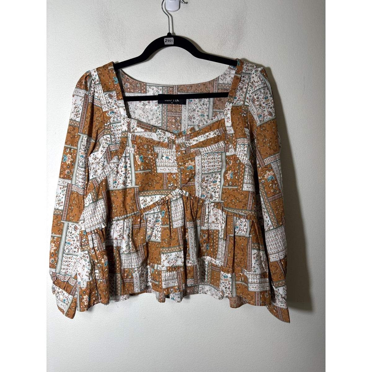 Fab'rik Brown Quilt Pattern Long Sleeve Cotton Peplum Top Sz M