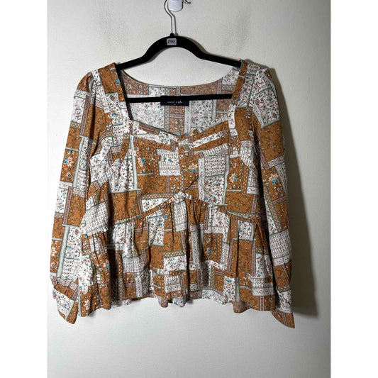 Fab'rik Brown Quilt Pattern Long Sleeve Cotton Peplum Top Sz M