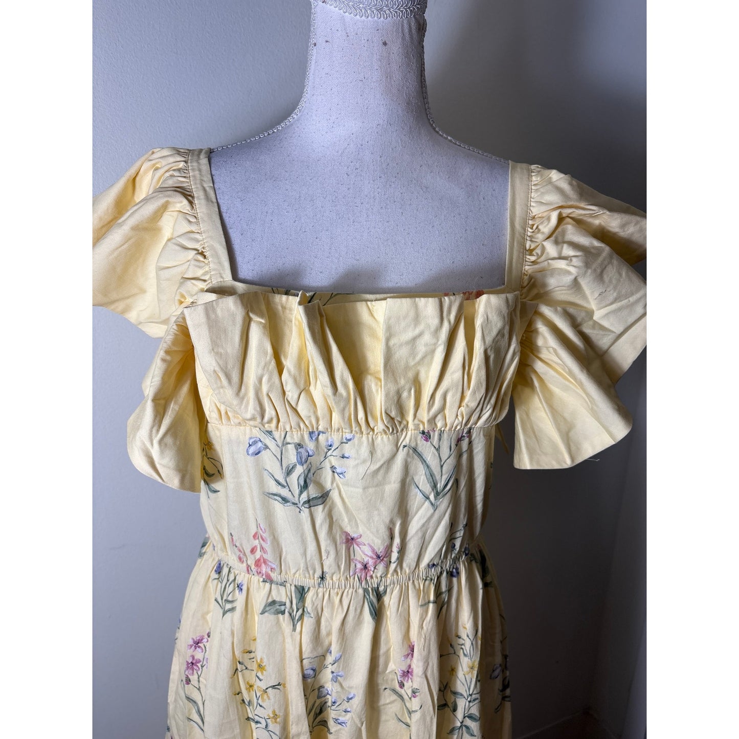 Floraison Lane Pale Yellow Floral Flutter Sleeve Cototn Maxi Dress Sz 10