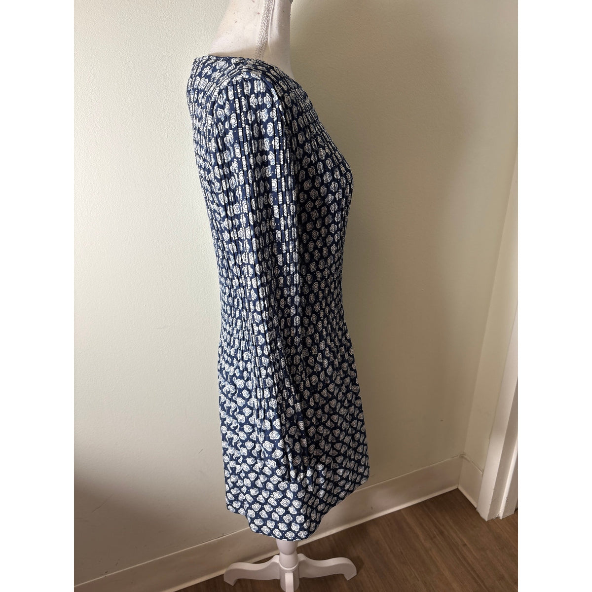 Maje Navy White Long Sleeve Pleated Mini Dress Sz 36