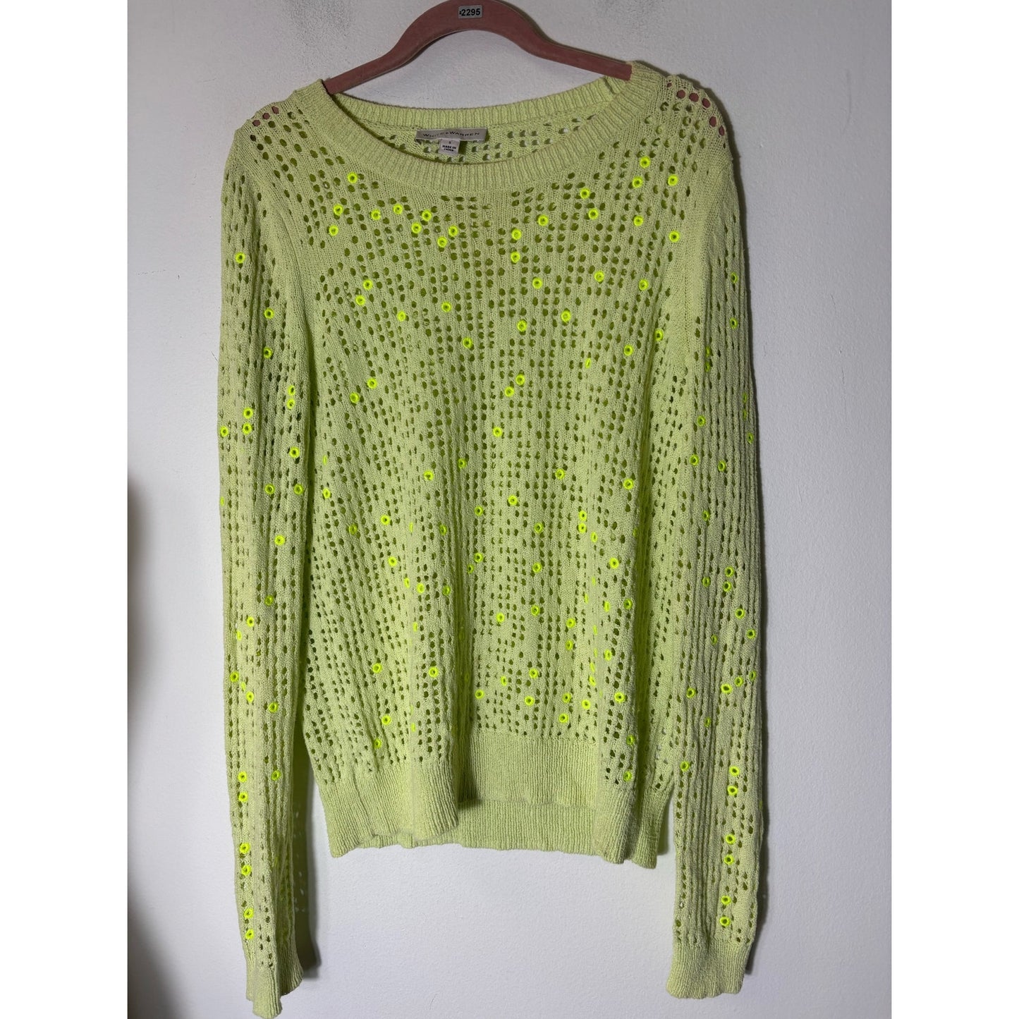 White + Warren Neon Green Long Sleeve Crochet Sweater Sz S