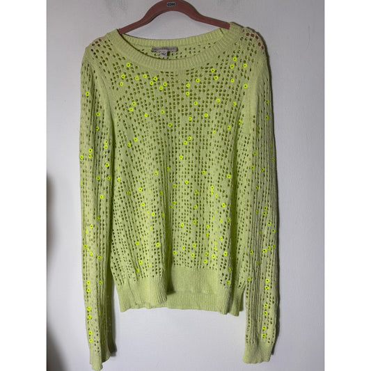 White + Warren Neon Green Long Sleeve Crochet Sweater Sz S