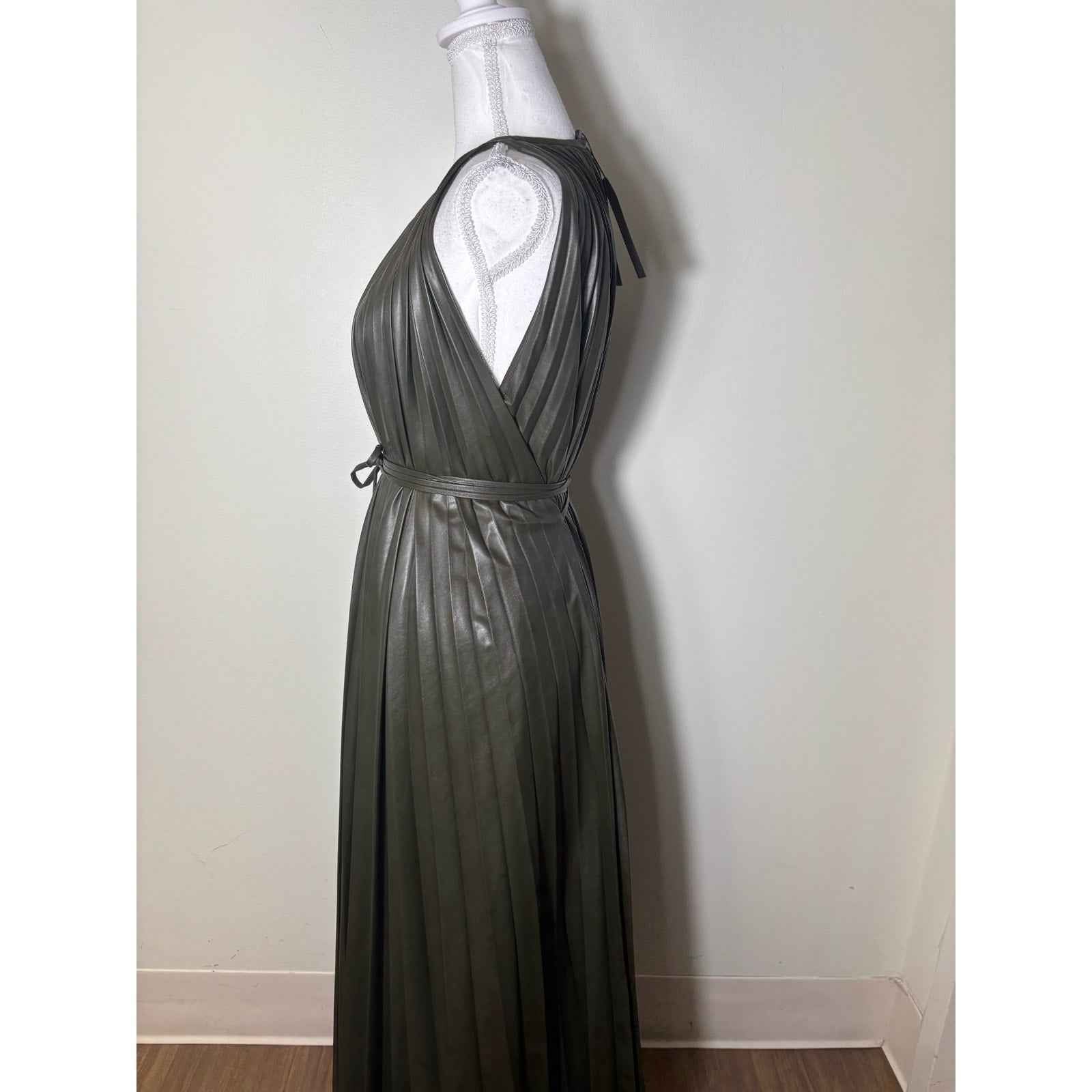 NWT Halston Dark Green "Noah Dress in Pleated Leather" Sz 8