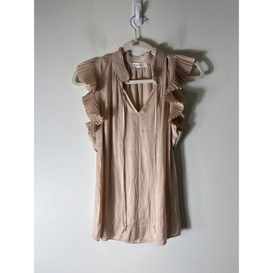 FRAME Champagne Sleeveless Pleated Fluttersleeve Top Sz M