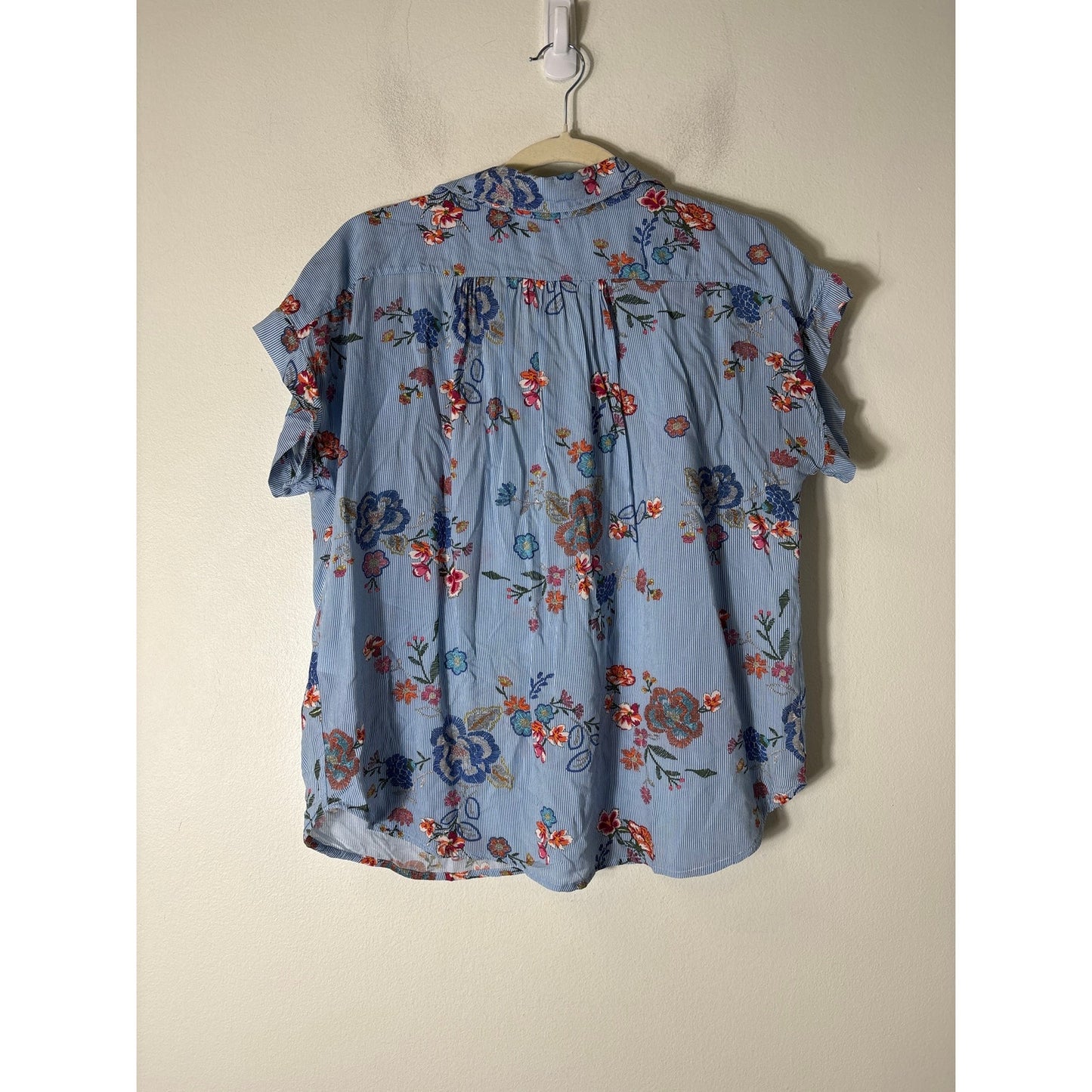 Oko Blue Stripe Floral Short Sleeve Top Sz S
