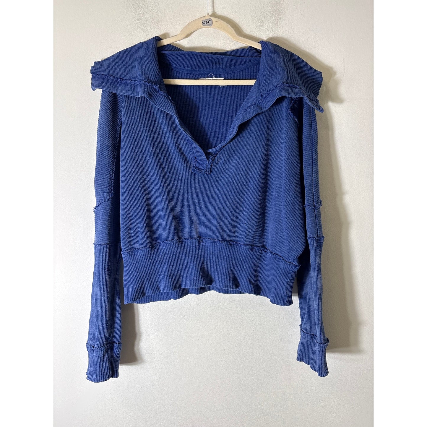 Free People Cobolt Blue Ripped V Neck Pullover Top Sz S