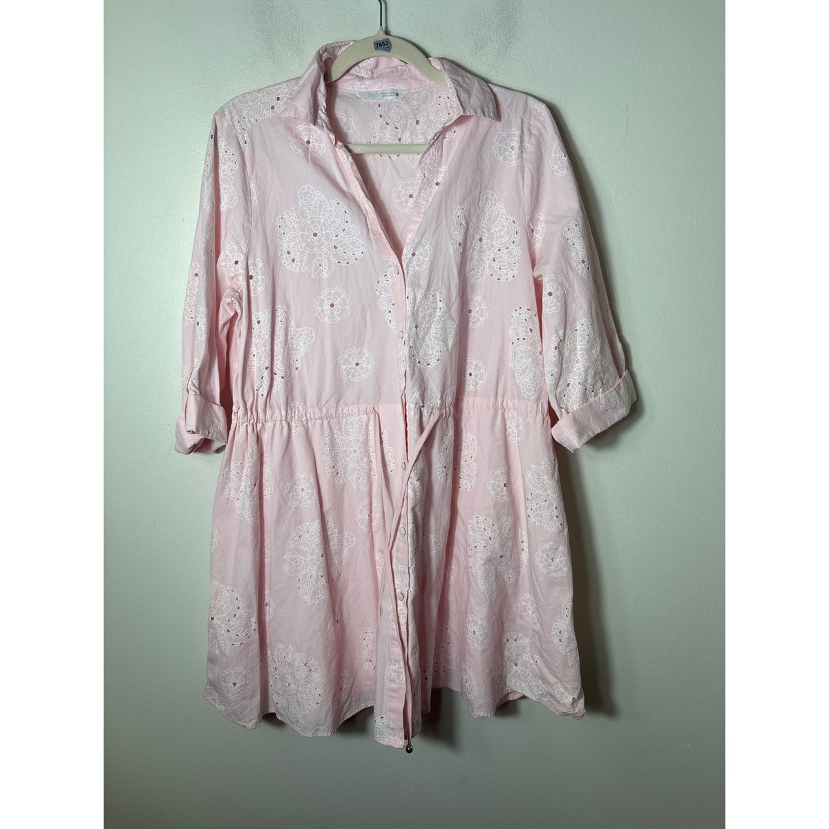 Zara Pink and White Floral Laser Cut Cotton Dress Sz L
