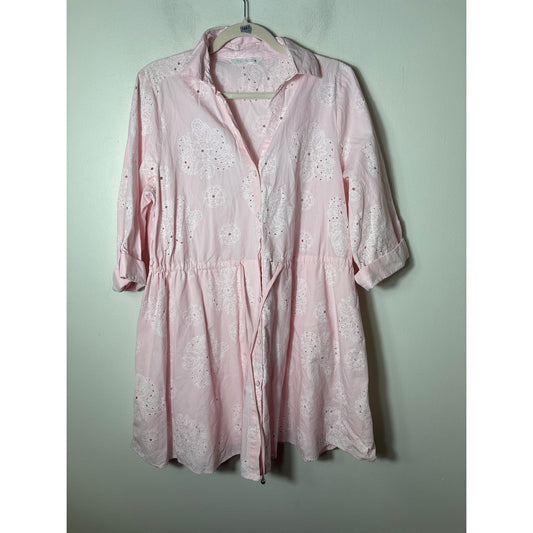 Zara Pink and White Floral Laser Cut Cotton Dress Sz L