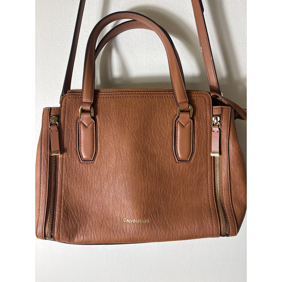 Calvin Klein Caramel Brown Vegan Leather Satchel Handbag
