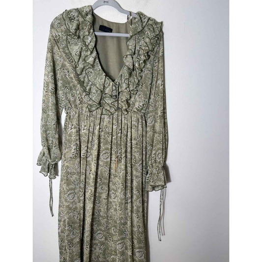 Zara Green Long Sleeve Deep V Maxi Dress Sz L