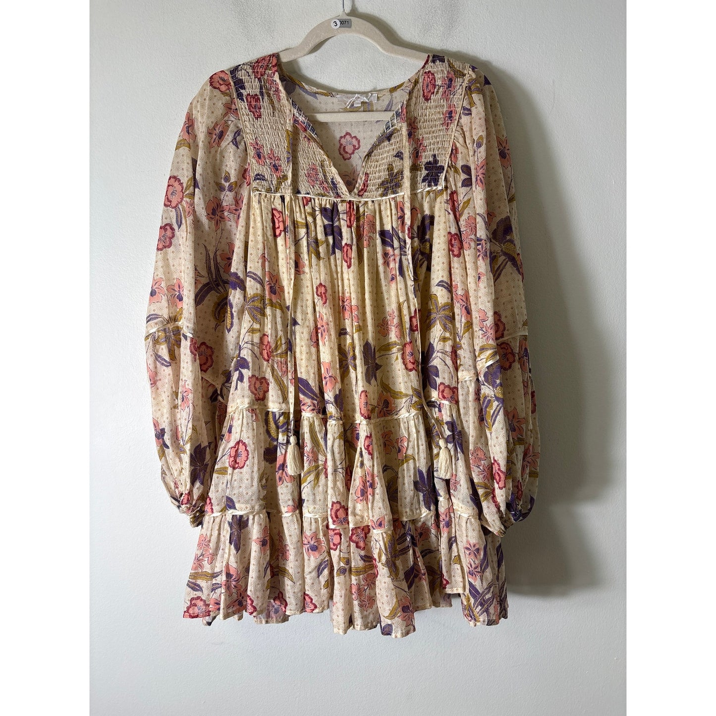 Olivaceous Beige and Pink Floral Long Puff Sleeve Tiered Mini Dress Sz S