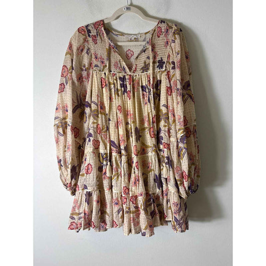 Olivaceous Beige and Pink Floral Long Puff Sleeve Tiered Mini Dress Sz S