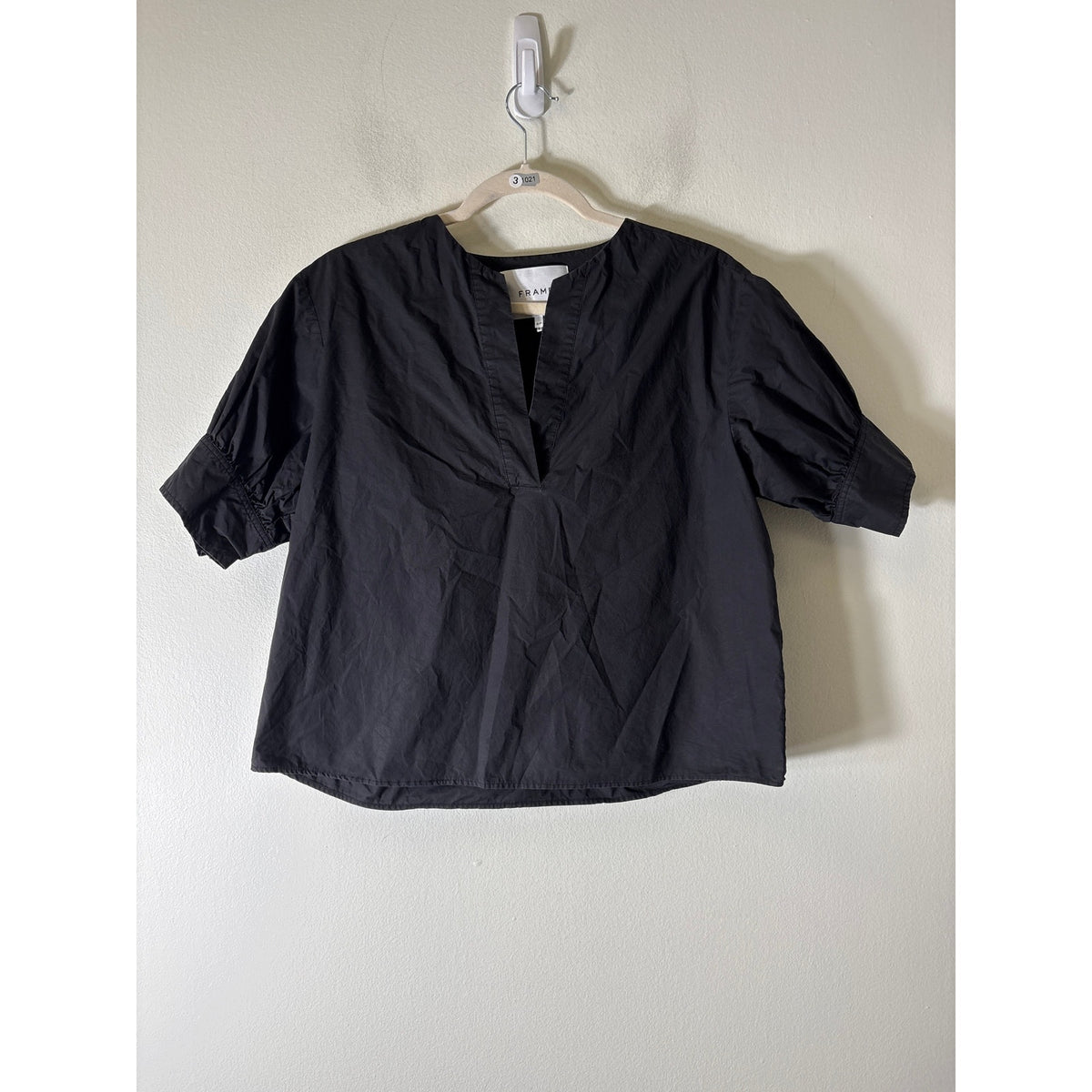 FRAME Black Half Puff Sleeve V-Neck Cotton Top Sz S