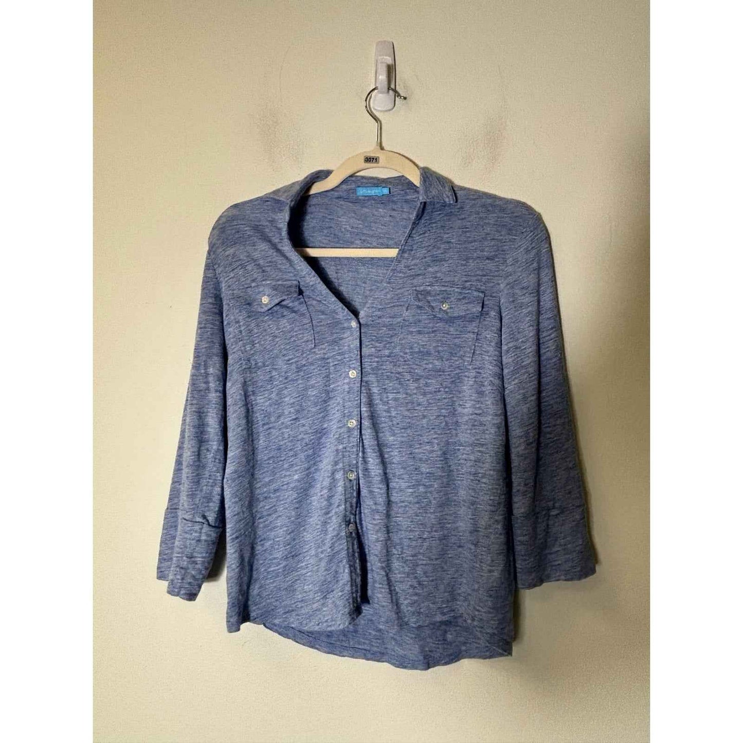 J. McLaughlin Light Blue Long Sleeve V-Neck Linen Blend Button Up Sz XS