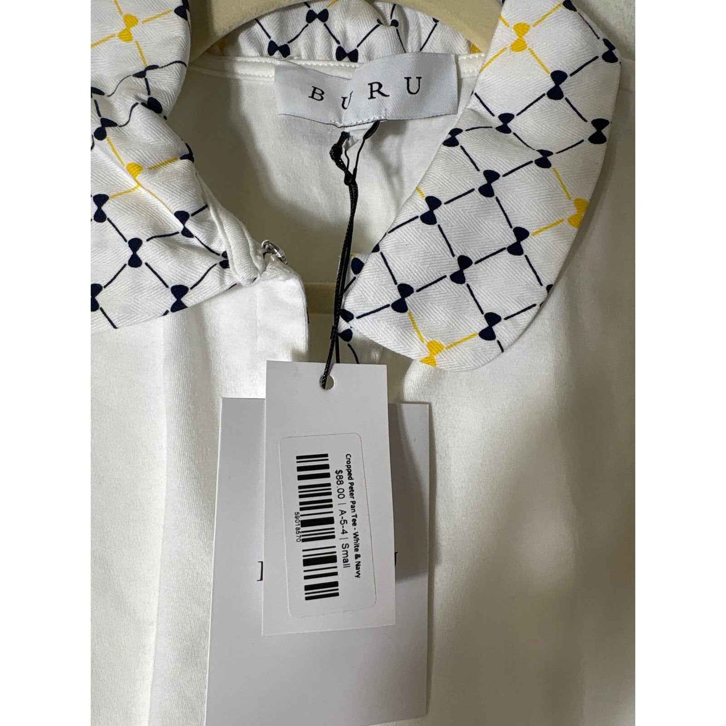 NWT Buru White & Navy Cropped Peter Pan Top Sz S