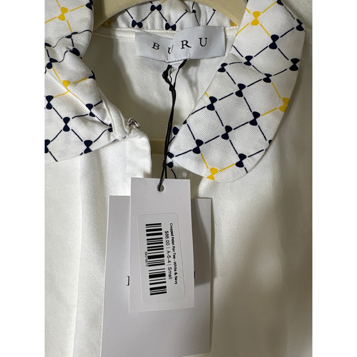NWT Buru White & Navy Cropped Peter Pan Top Sz S