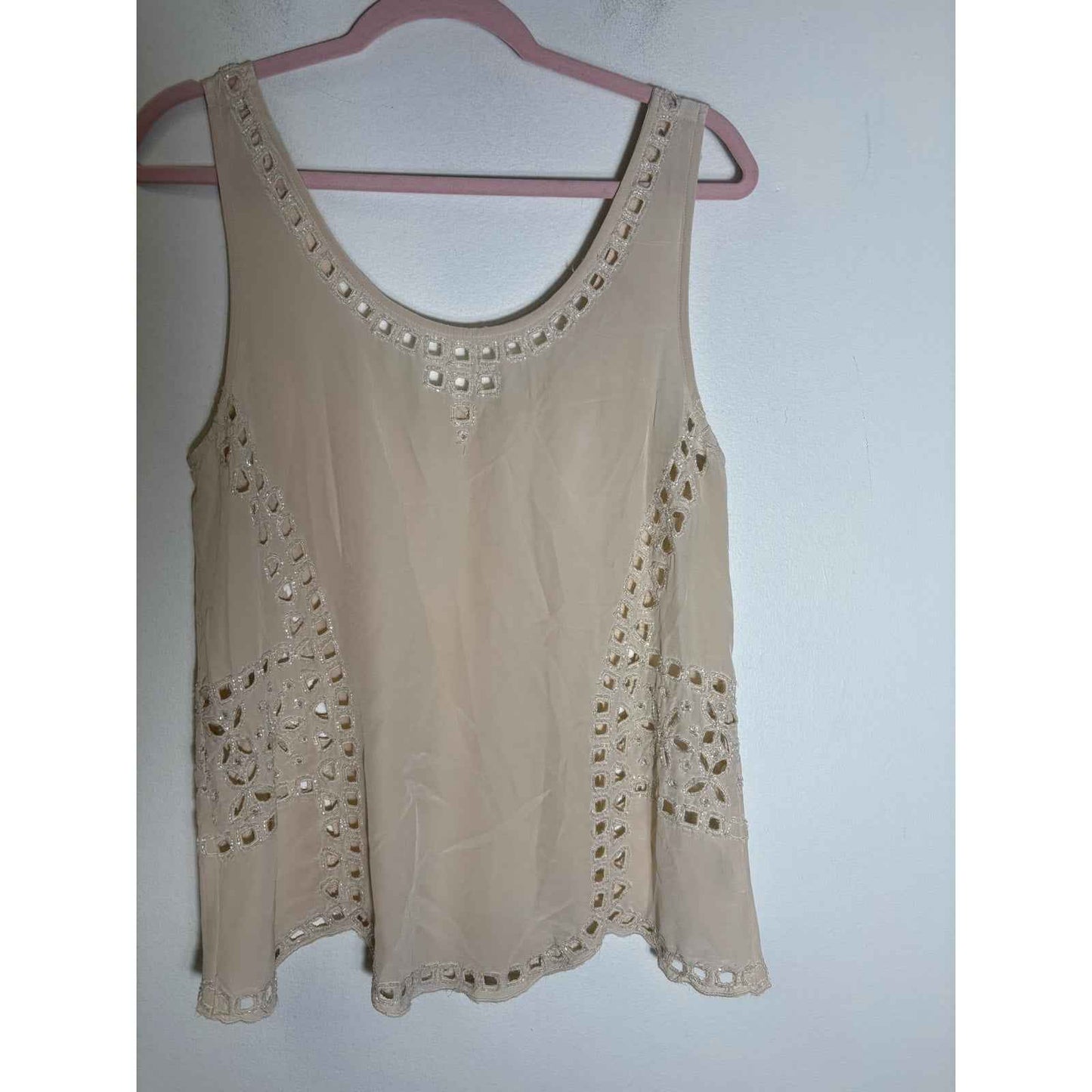 Joie Off White Silk Sleeveless Silk Tank with Embroidered Cut Outs Sz M