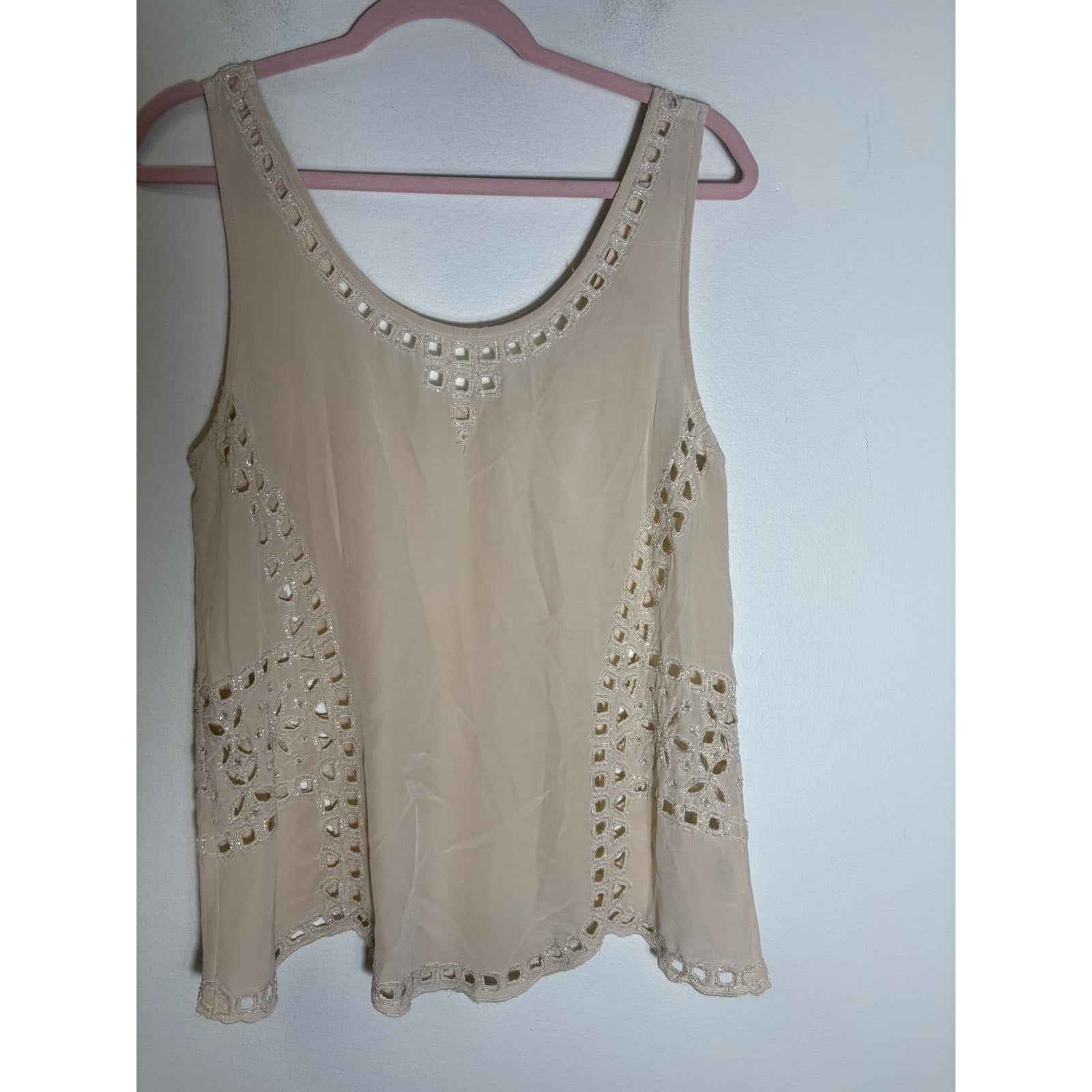 Joie Off White Silk Sleeveless Silk Tank with Embroidered Cut Outs Sz M