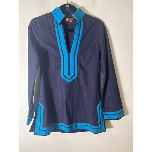Tory Burch Navy and Turquoise Cotton Tunic Sz 4
