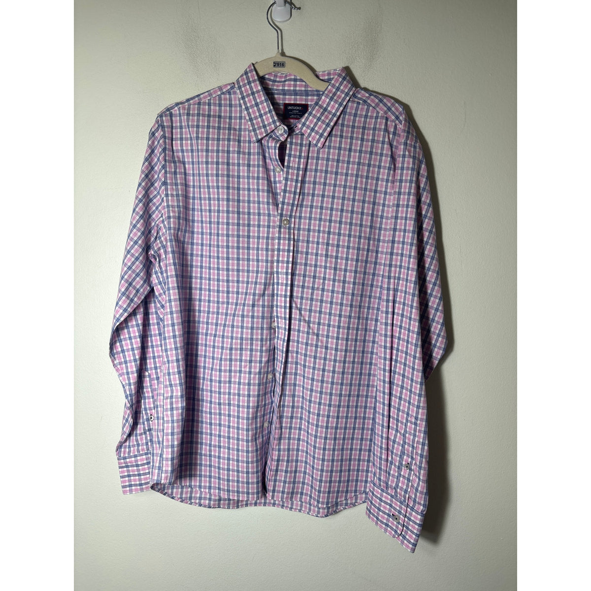 Men's Untuckit Pink Dark Blue Plaid Long Sleeve Button Down Shirt Sz L
