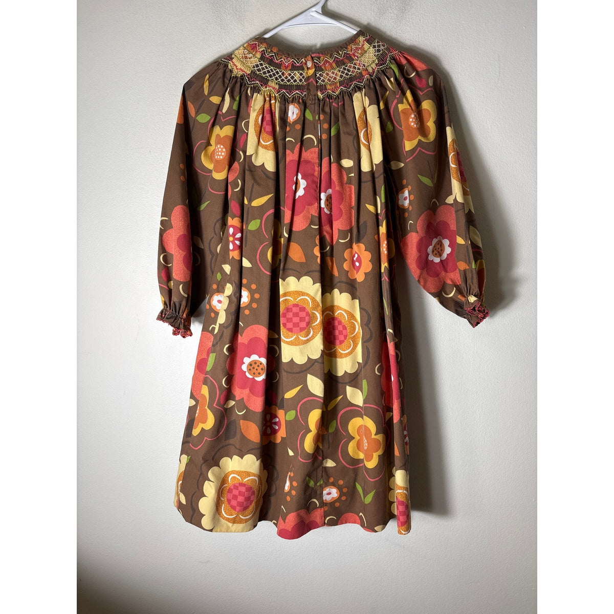 Girls Vintage Le'Za Me Brown, Red,Orange&Yellow Smocked Long SLeeve Dress Sz 7