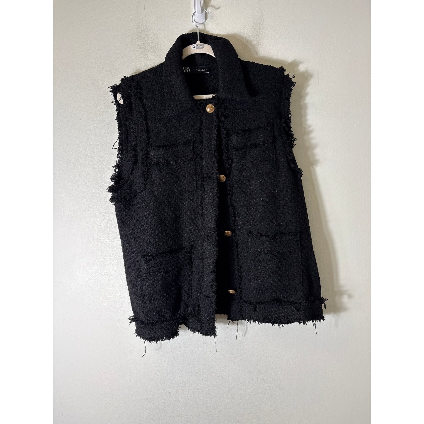 NWT Zara Black Tweed Long Sleeveless Button Up Vest Sz L