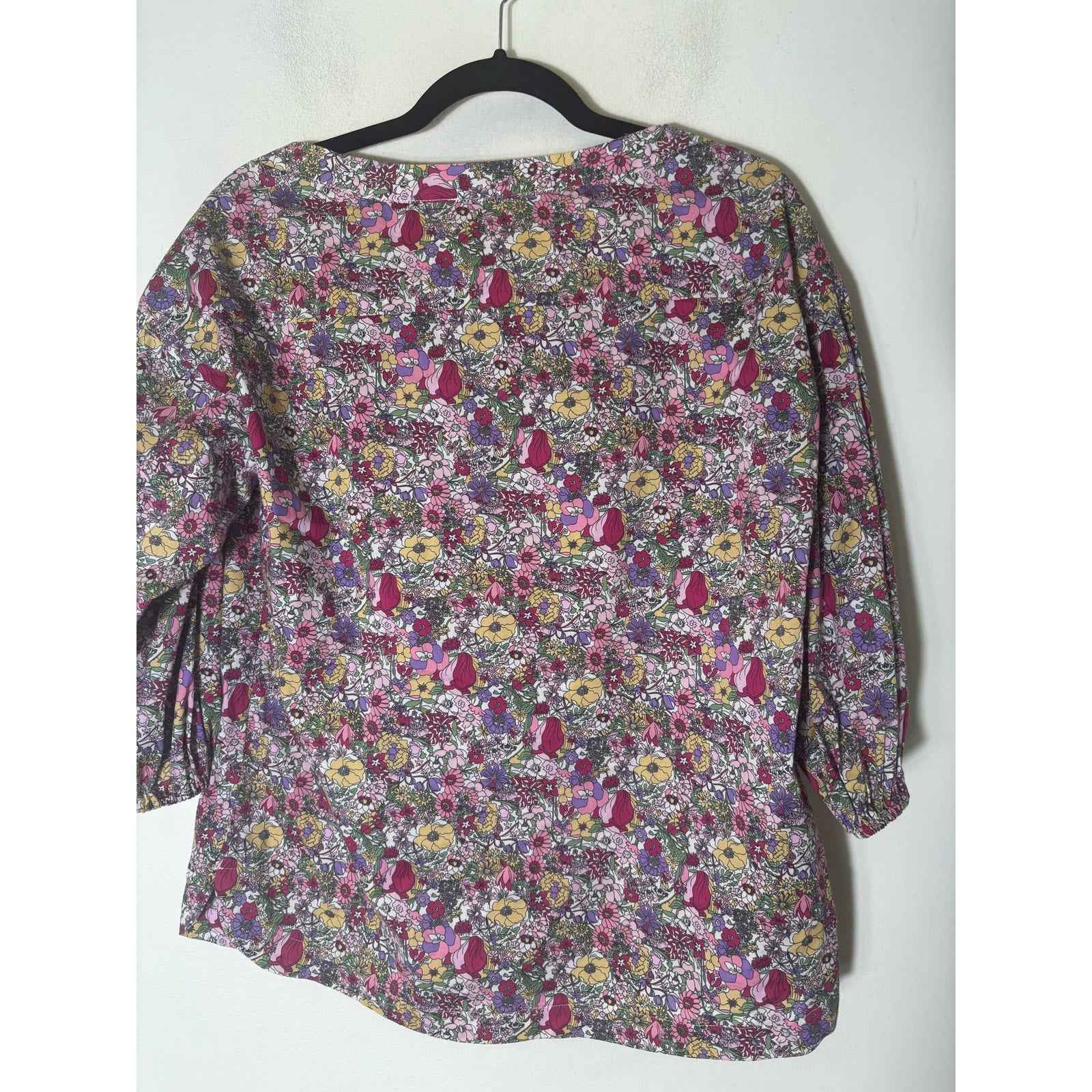 Buru Multicolor Floral Wide Neck Long Sleeve Cotton Shirt Sz S