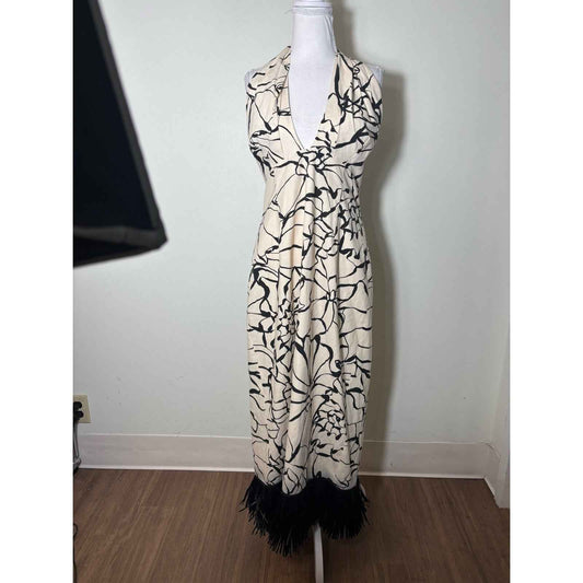 Antonio Melani Cream and Black Print Linen Blend Halter Special Occasion Dress Sz 12