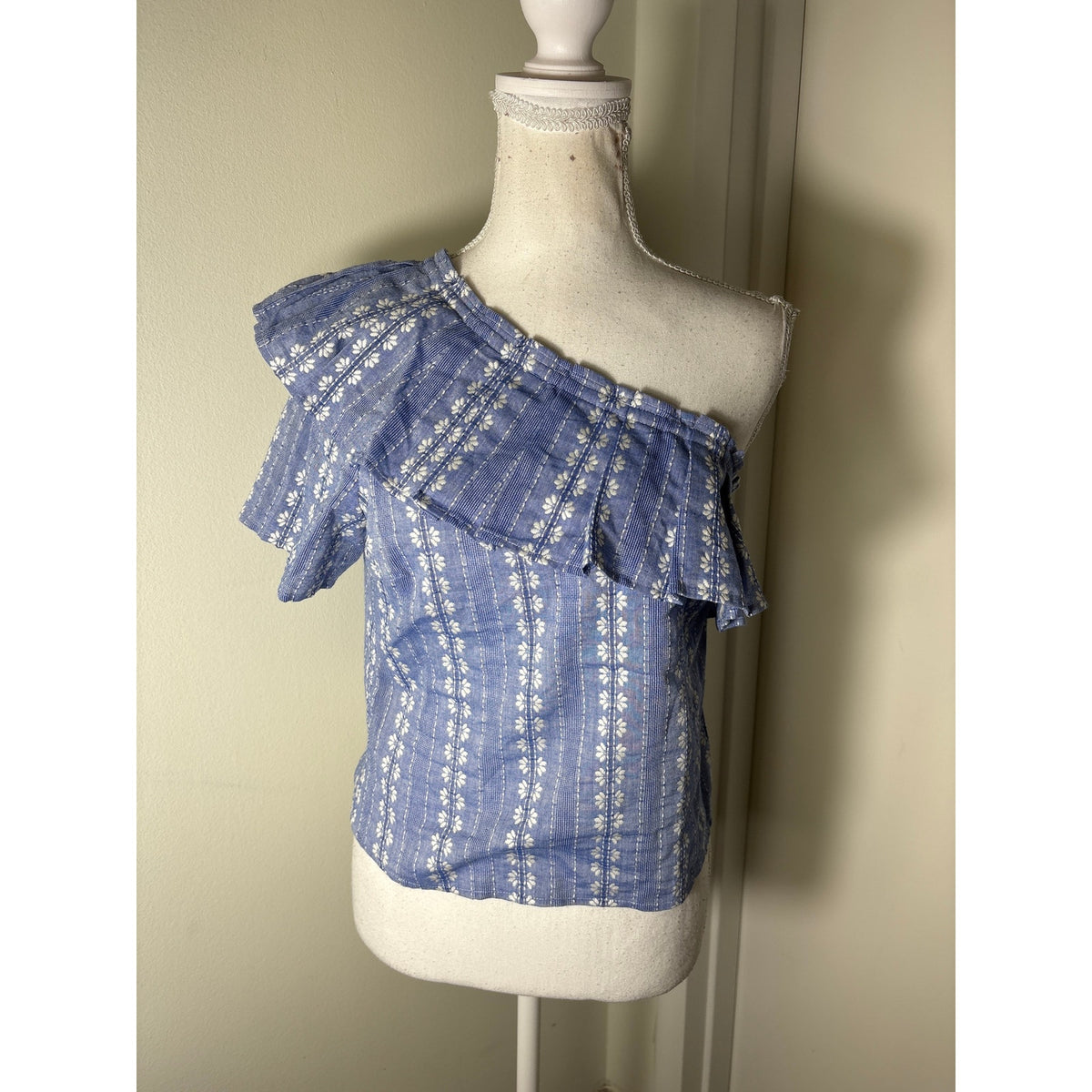 Splendid Blue White One Shoulder Ruffle Cotton Top Sz S