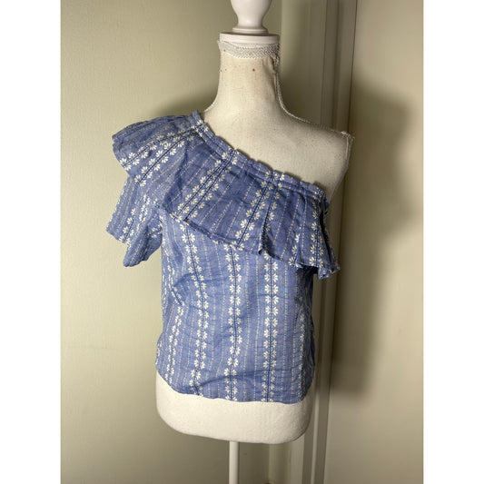 Splendid Blue White One Shoulder Ruffle Cotton Top Sz S
