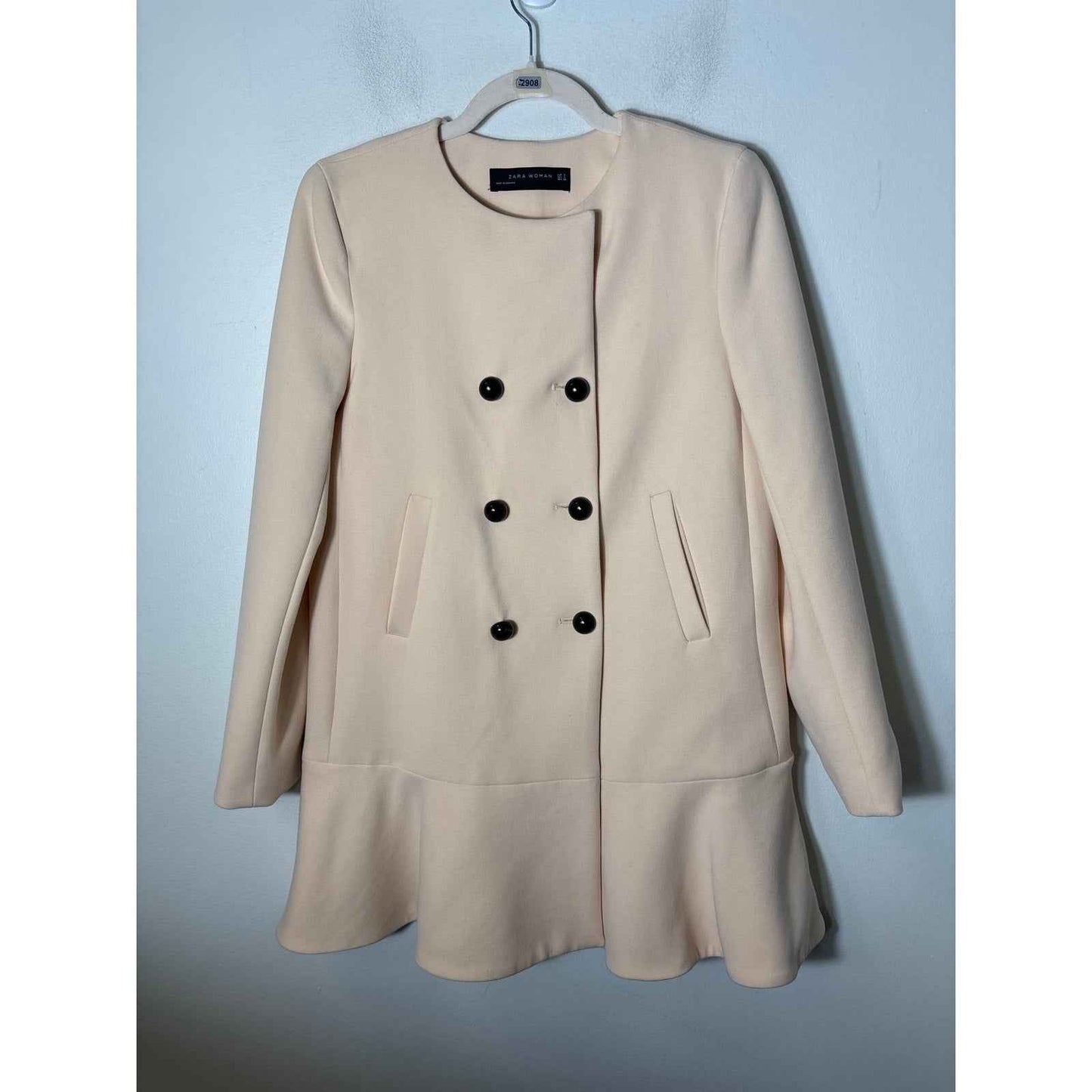 Zara Woman Cream Long Sleeve Peplum Drop Waist Coat Sz S