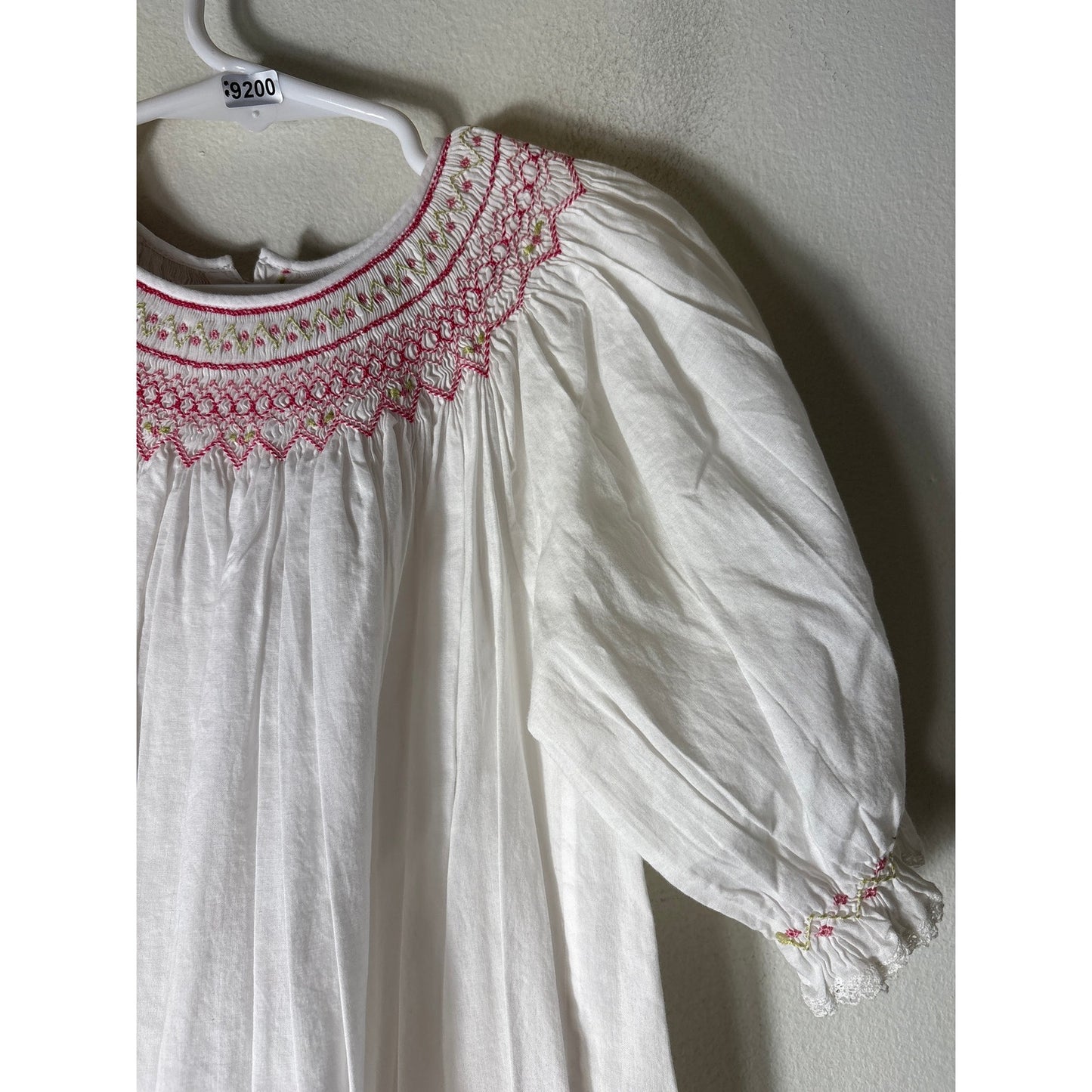 Girls Vintage Jess Cole White Puff Sleeve Smocked Pink Flowers Dress Sz 6x