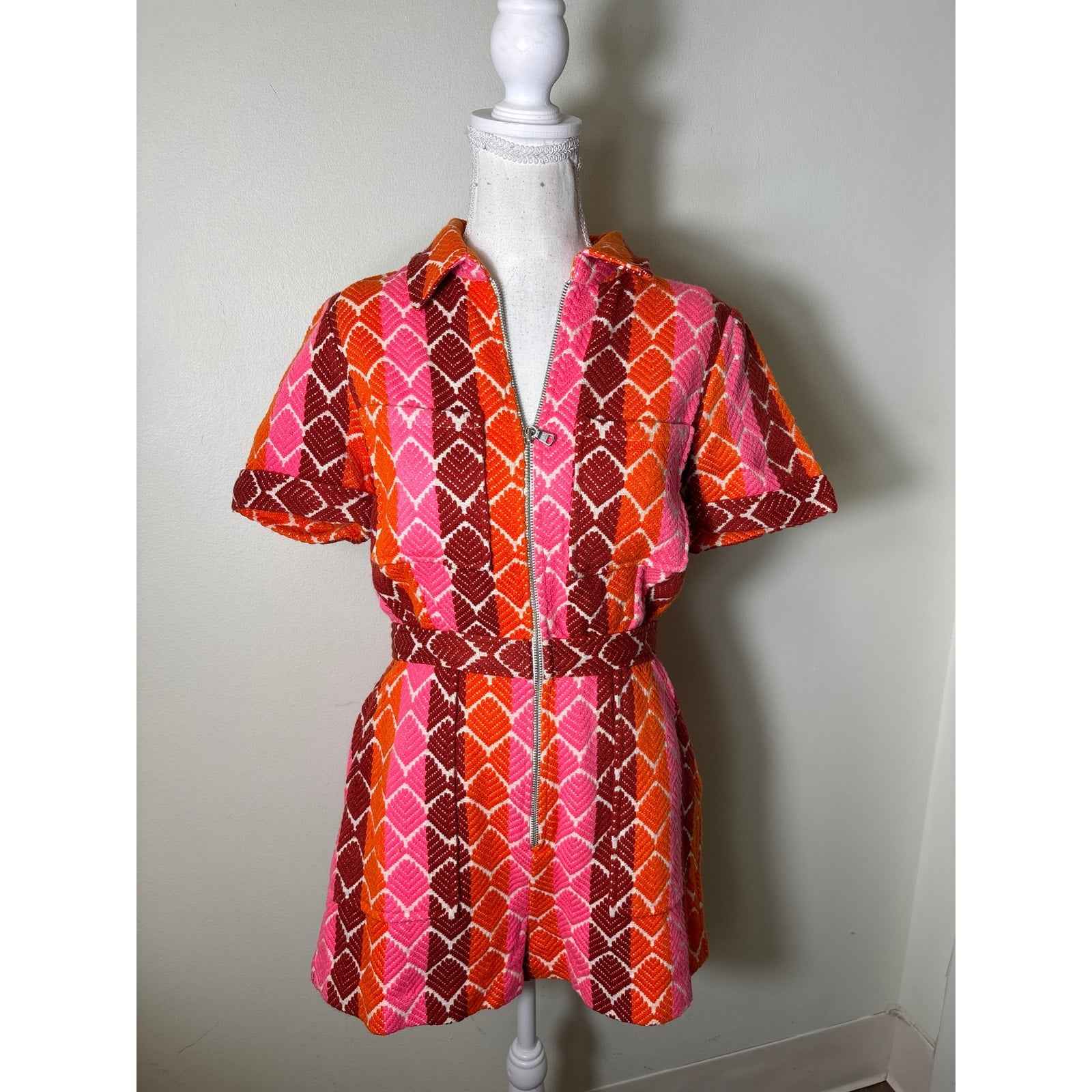 Saylor Red Pink Orange Heavy Knit Romper Sz S