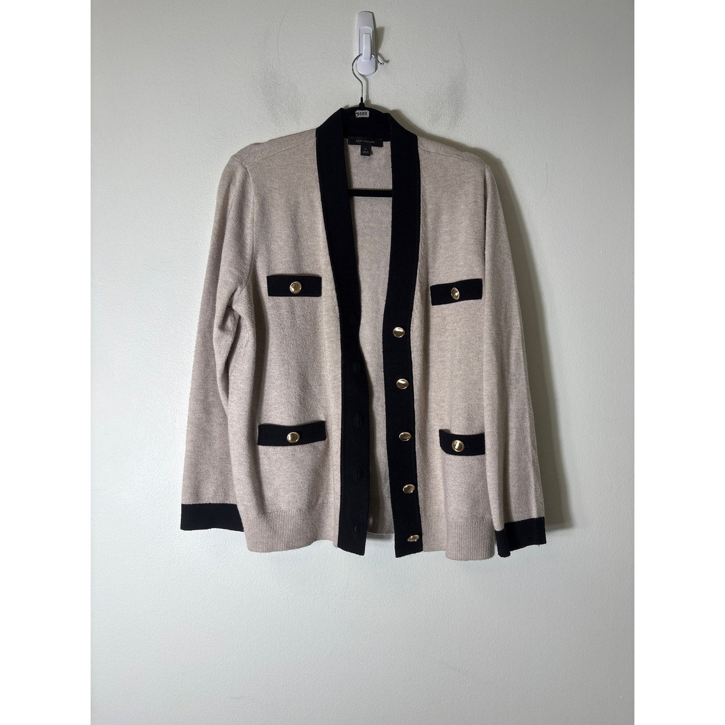 Ann Taylor Khaki and Black Trimmed Cardigan Sz LP