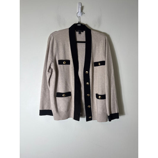 Ann Taylor Khaki and Black Trimmed Cardigan Sz LP