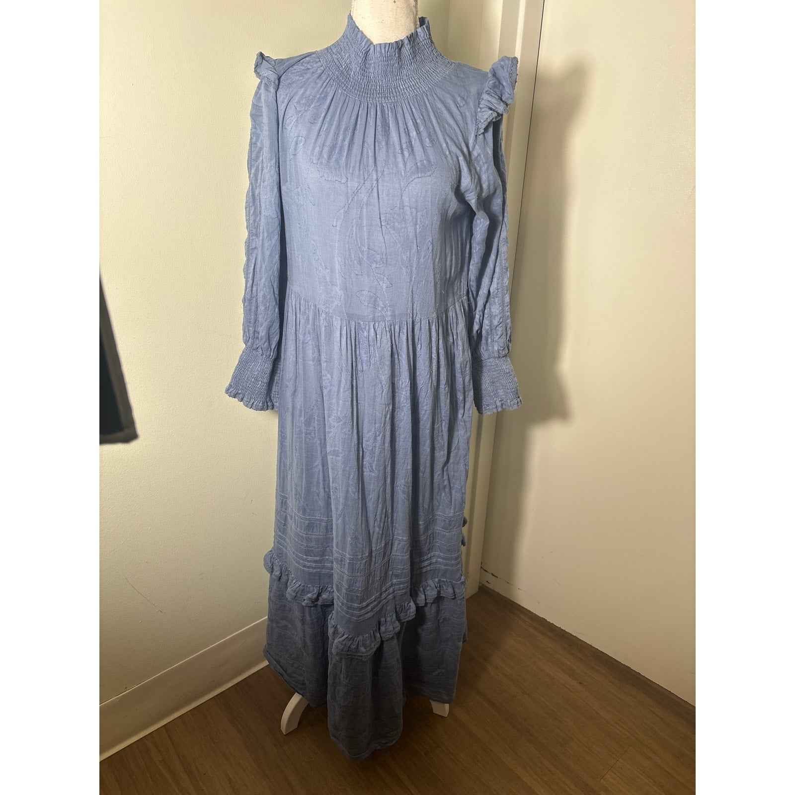 Roller Rabbit Blue Smocked Mock Neck Long Sleeve Maxi Dress Sz XS