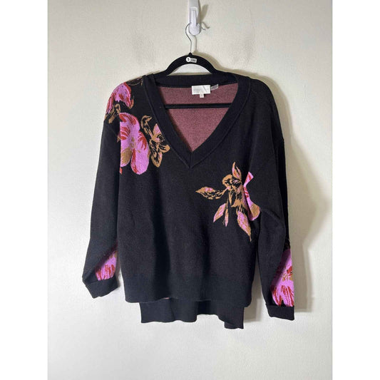 Christy Lynn Black Floral Long Sleeve V-Neck Sweater Sz S