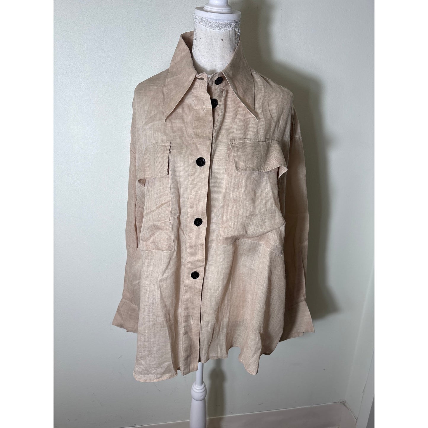Meimeij Khaki Cotton Button Up Long Sleeve Blouse Sz 42 (large)