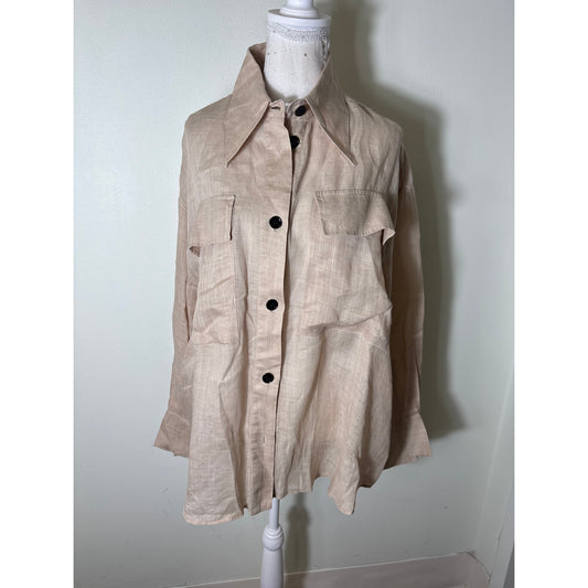 Meimeij Khaki Cotton Button Up Long Sleeve Blouse Sz 42 (large)