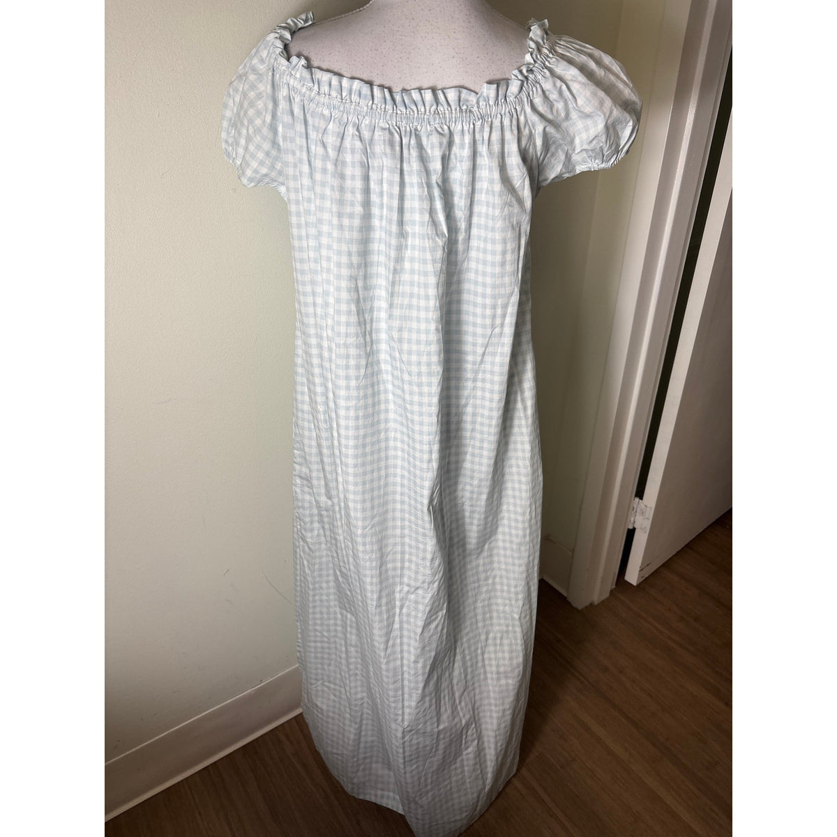 NWT Piyama Light Blue and White Gingham "Lily Long Lounge" Dress Sz M