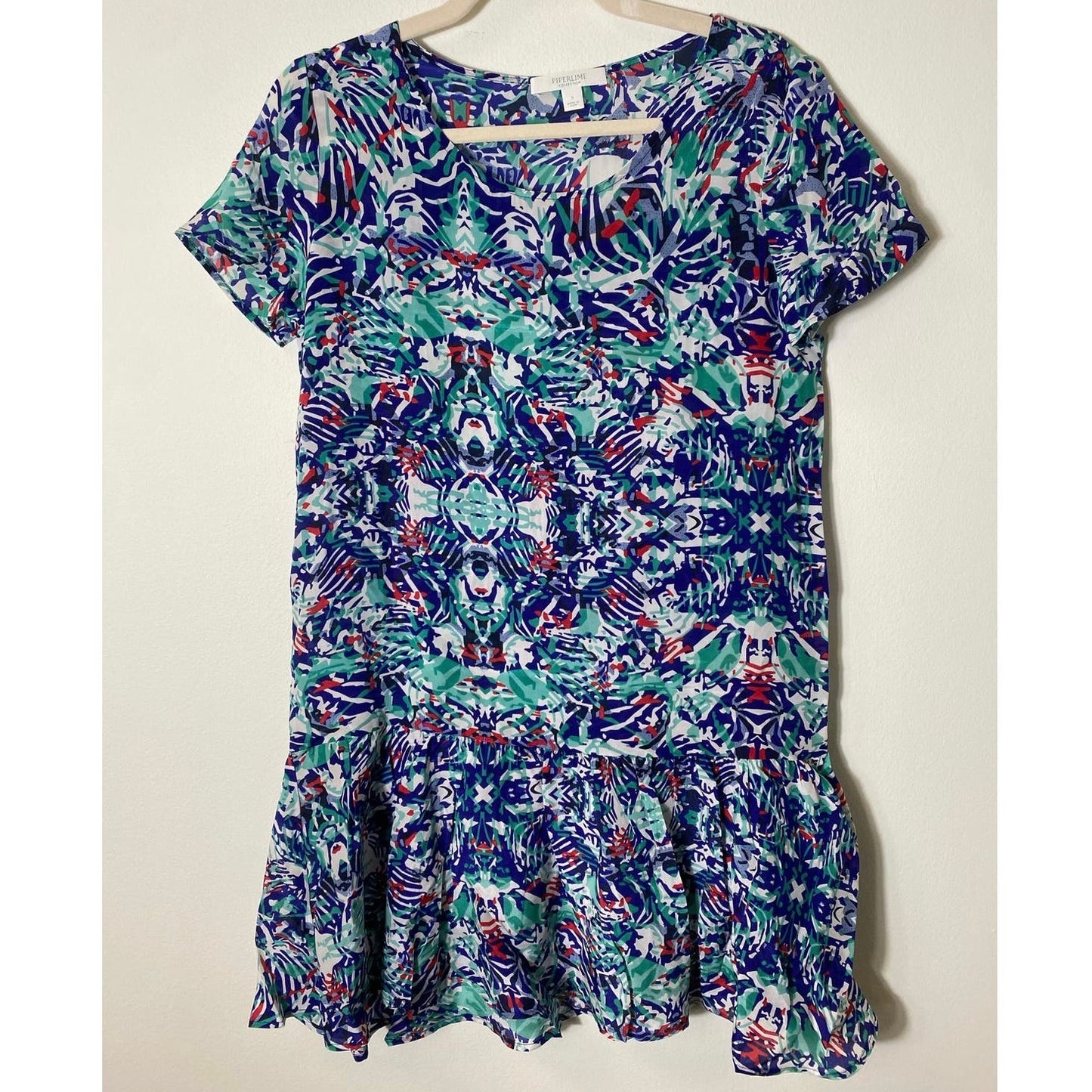 Piperlime Collection Blue Green Red Printed Silk Dress Sz S