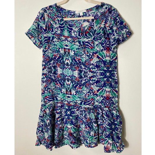 Piperlime Collection Blue Green Red Printed Silk Dress Sz S