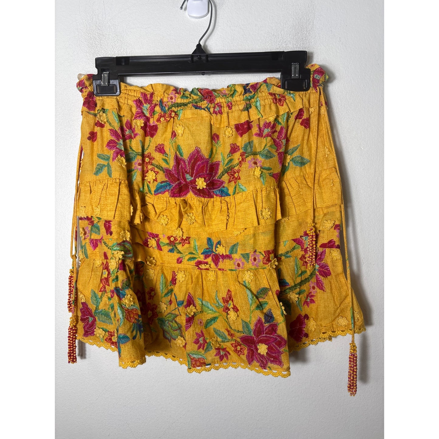 Farm Rio Golden Yellow and Fushia Floral Print One Shoulder Mini Skirt Set Sz S