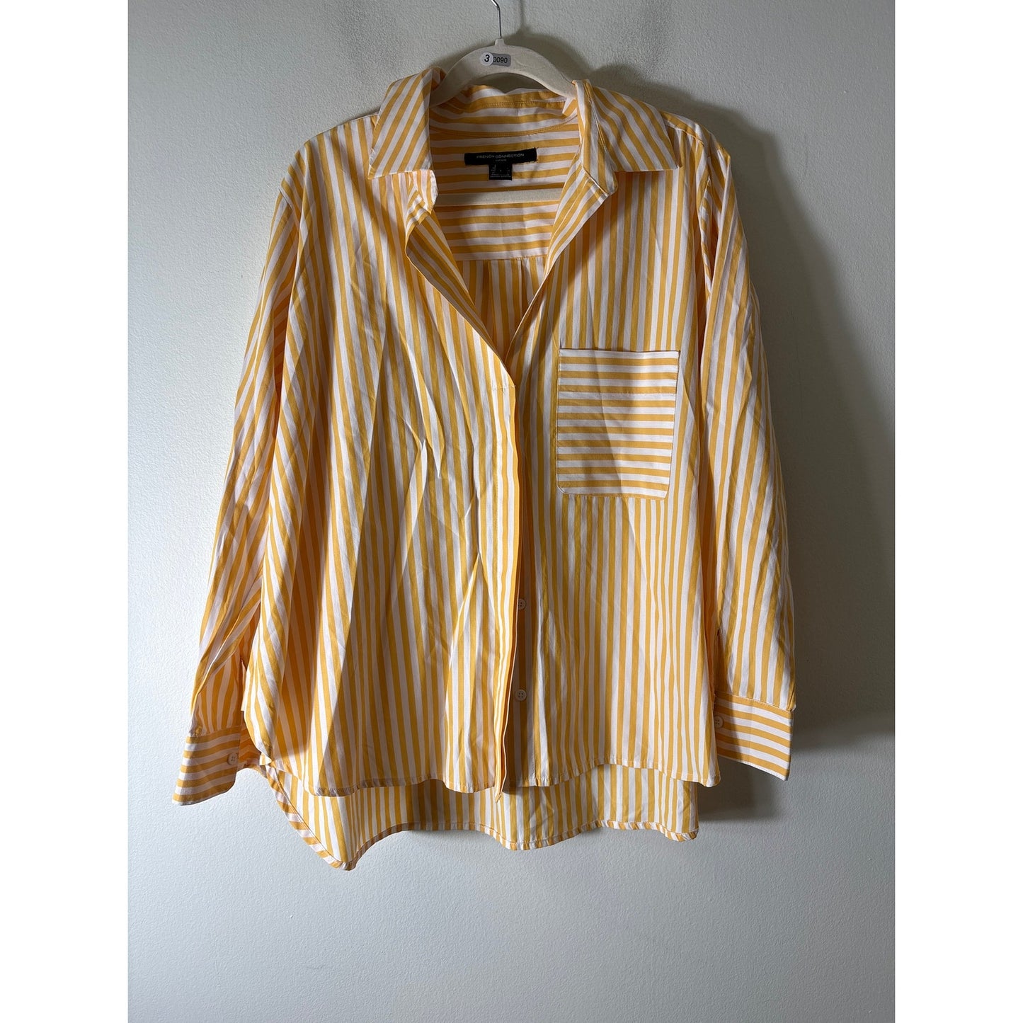 French Connection Yellow and White Stripe Button Up Collard Shirt Sz L