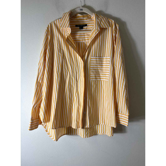 French Connection Yellow and White Stripe Button Up Collard Shirt Sz L
