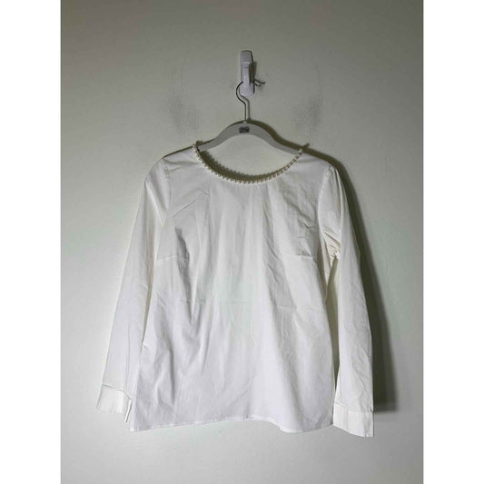 Talbots Petite White Long Sleeve Cotton Blend Top with Pearl Detailing Sz Small